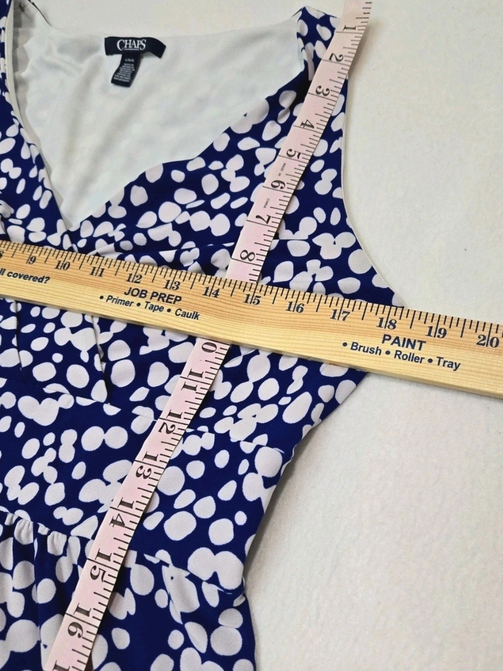 Chaps Sleeveless Faux Wrap Dress Blue & White Polka Dot Fit & Flare size L Large - Picture 9 of 14